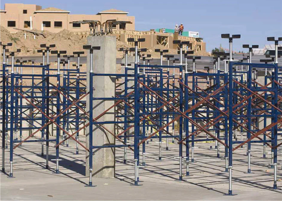High-capacity shoring towers staged on a jobsite